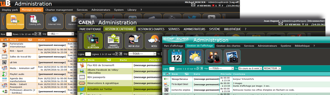 Exemples d'interfaces logicielles Screensoft personnalisées pour nos clients.